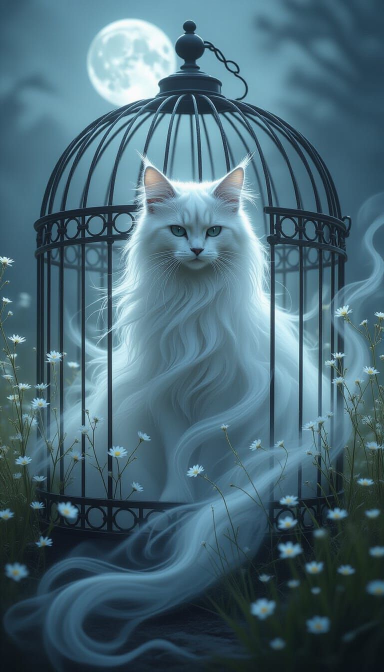 Ghostly Cat of Mist and Moonlight Emerges from Birdcage