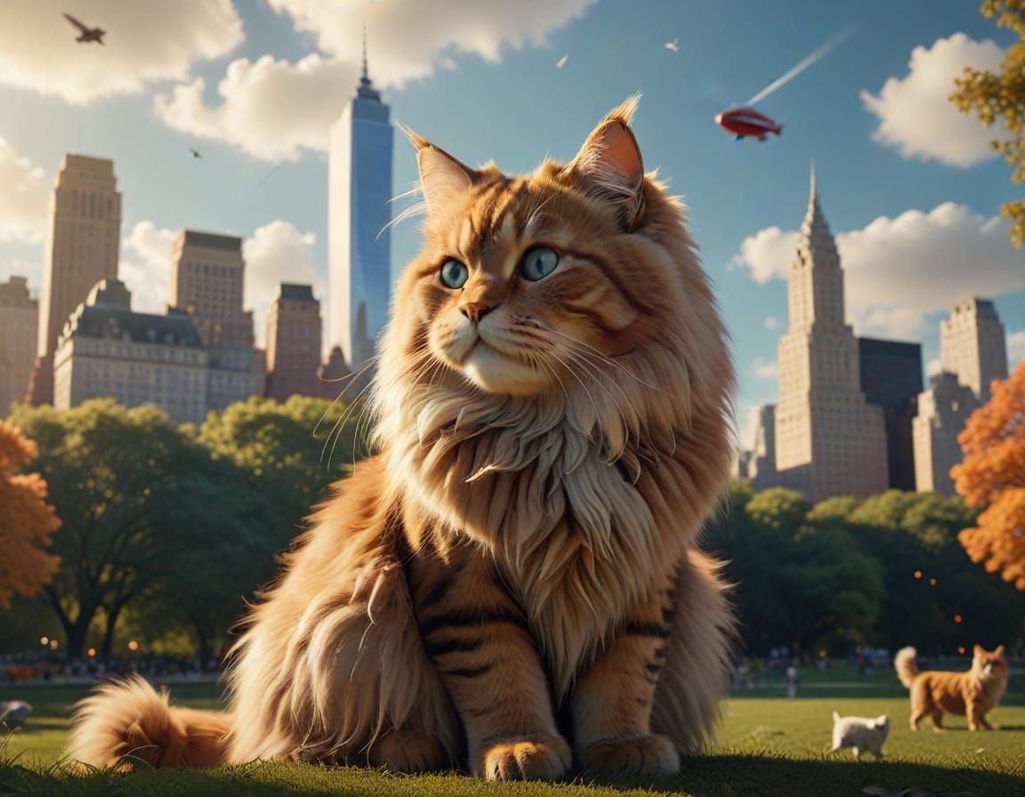 Giant Siberian Cat Dominates Central Park: Digital Art
