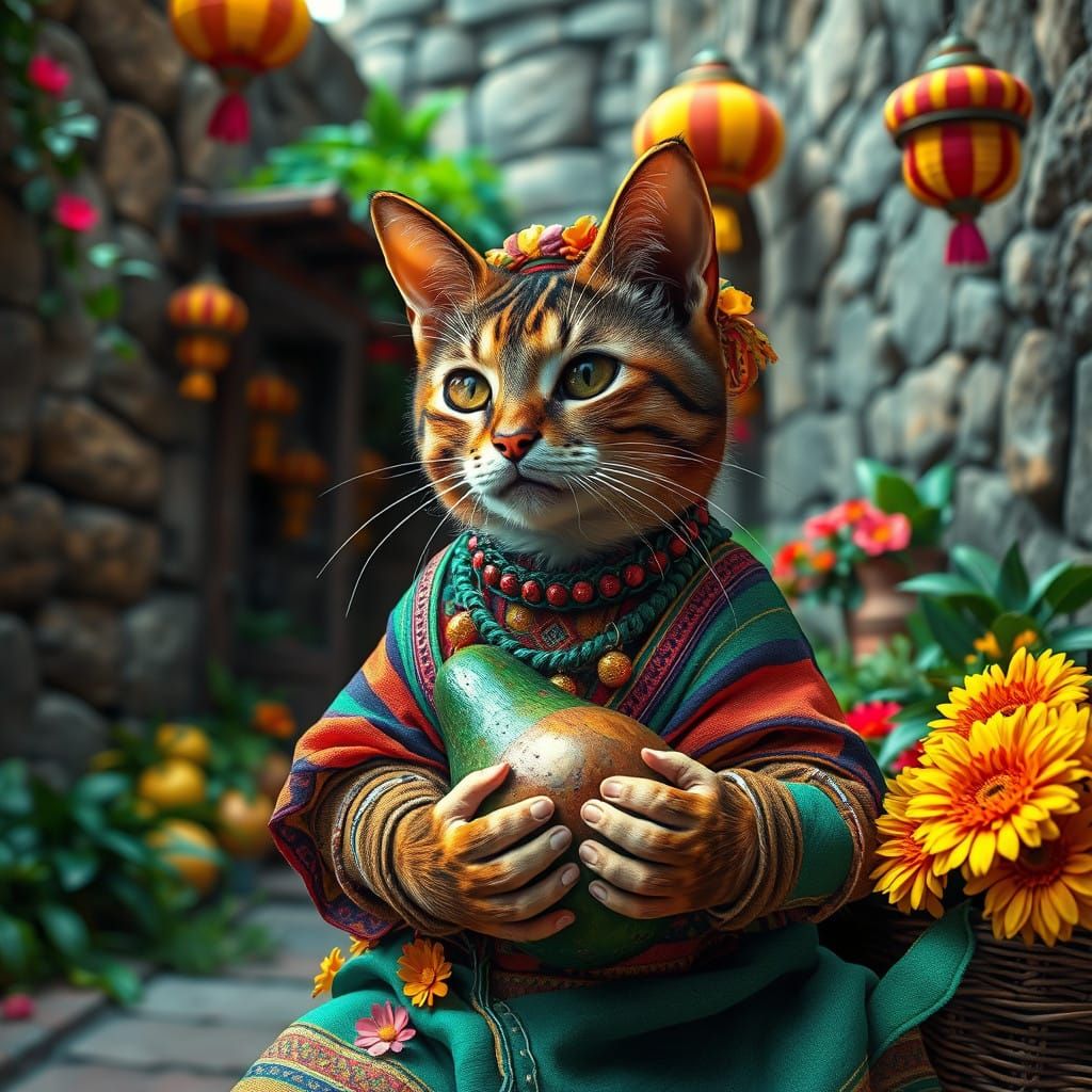 Fanciful Mexican Marketplace Cat Cradles Avocado Treasure