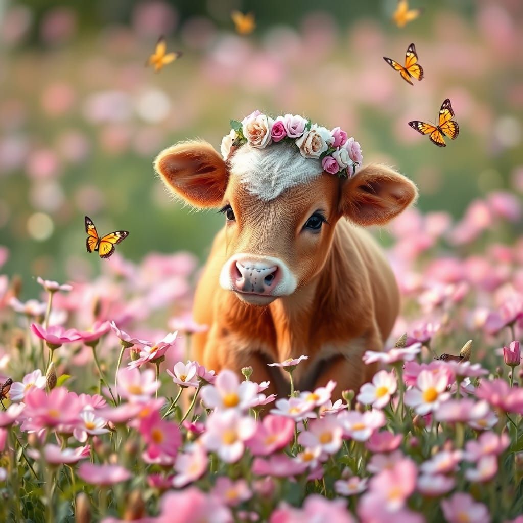 Adorable Calf in Flower Field, Whimsical Style