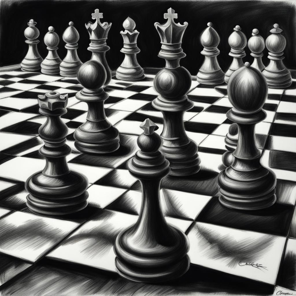 Christmas Chess Board in Charcoal Drawing Style