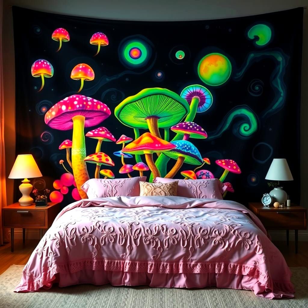 Psychedelic Mushroom Velvet Tapestry in 70's Blacklight Styl...