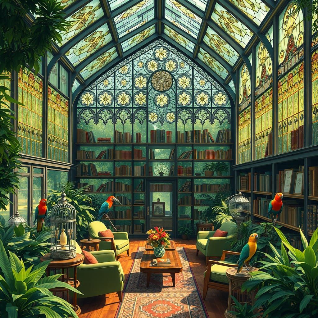 Exotic Birds in Glass Greenhouse: Miyazaki-Inspired Library