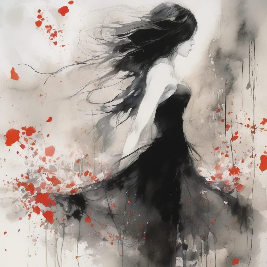 Dancer Amidst Falling Petals in Ink Wash Style