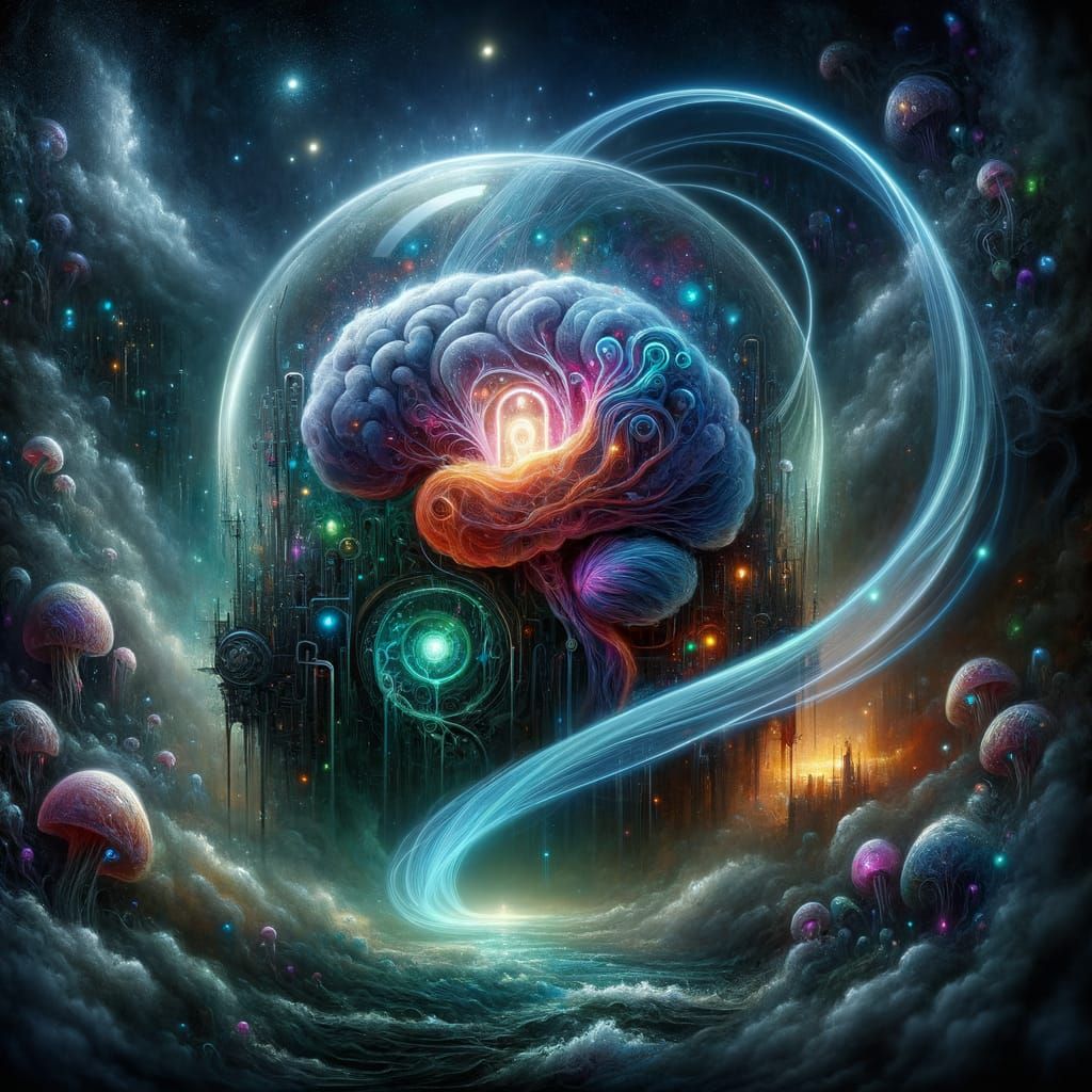 Glowing Brain Structure in Glass 'A' Amidst Eerie Fog and Bi...