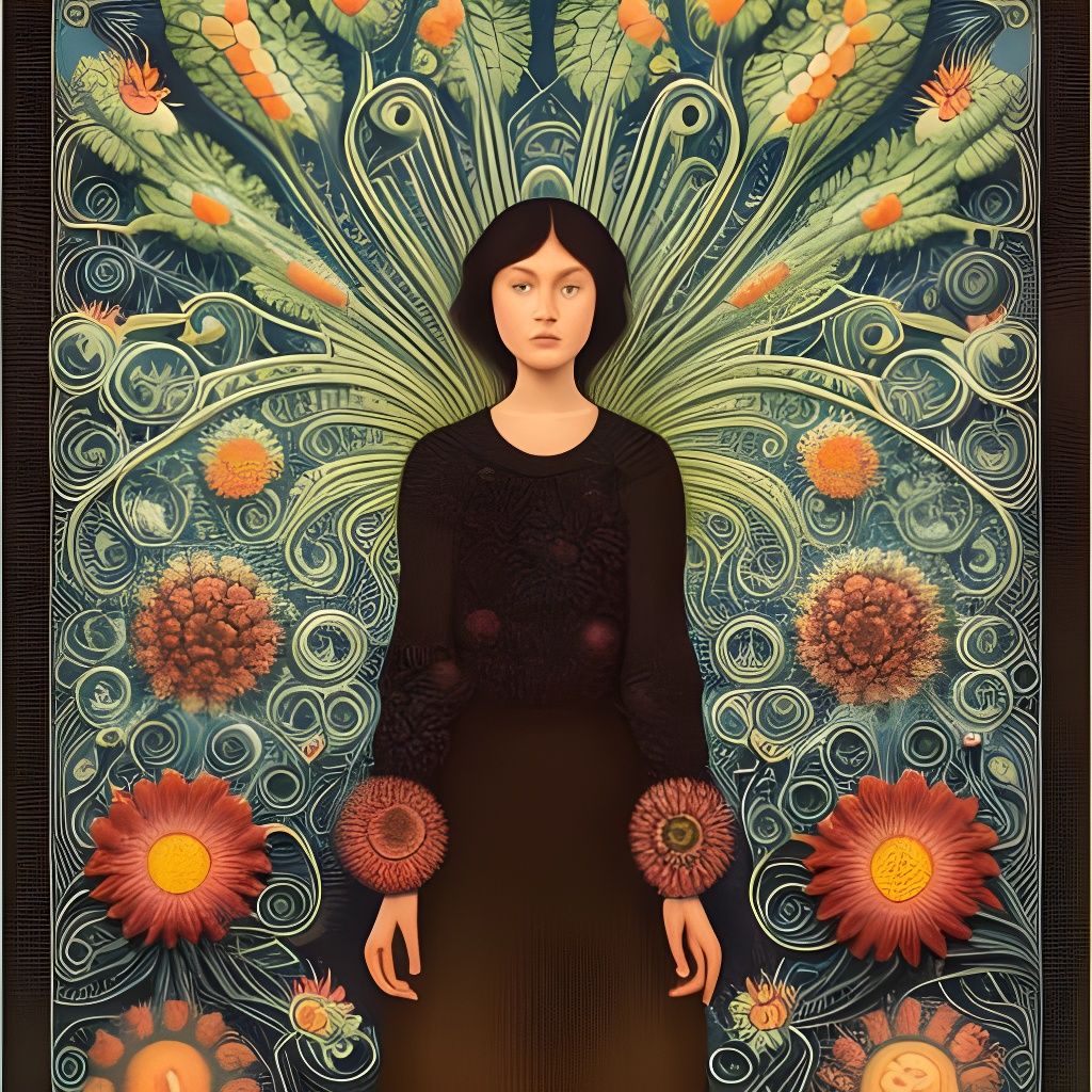 Girl Holding Flowers: Intricate Botanical Art