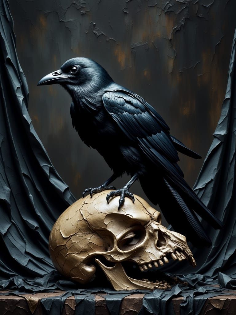 Crow on Skull Oil Painting with Chiaroscuro Tones
