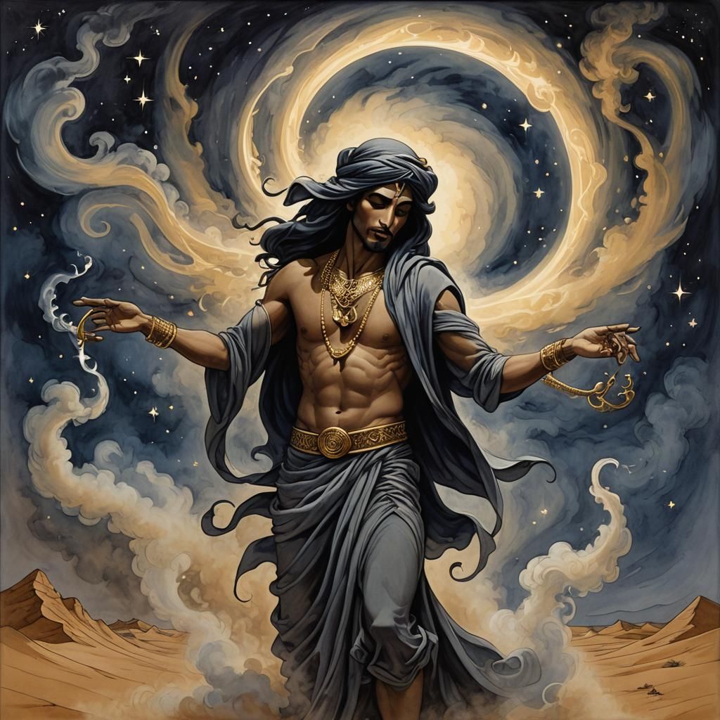 Ethereal Djinn of Smoke Under Starry Sky