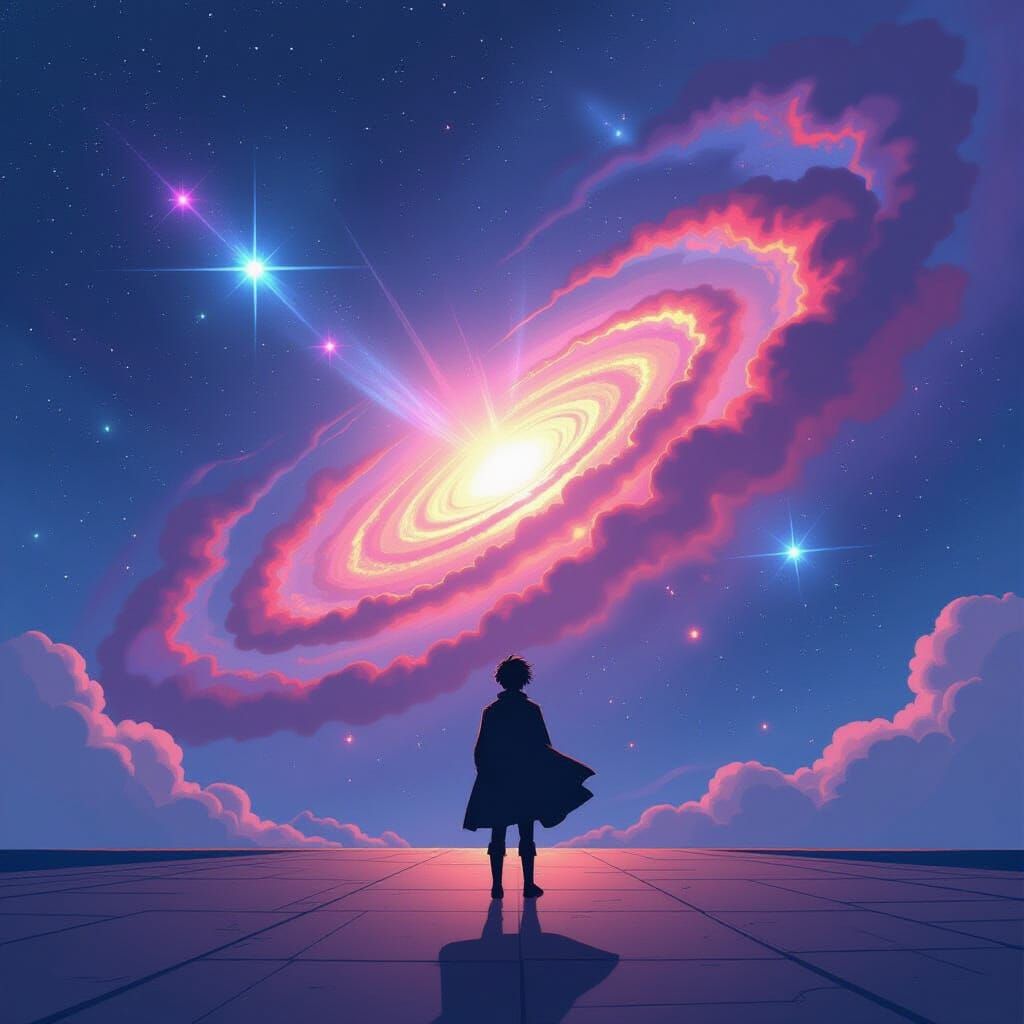 Lone Figure Gazes at Vibrant Nebula Anime Wallpaper