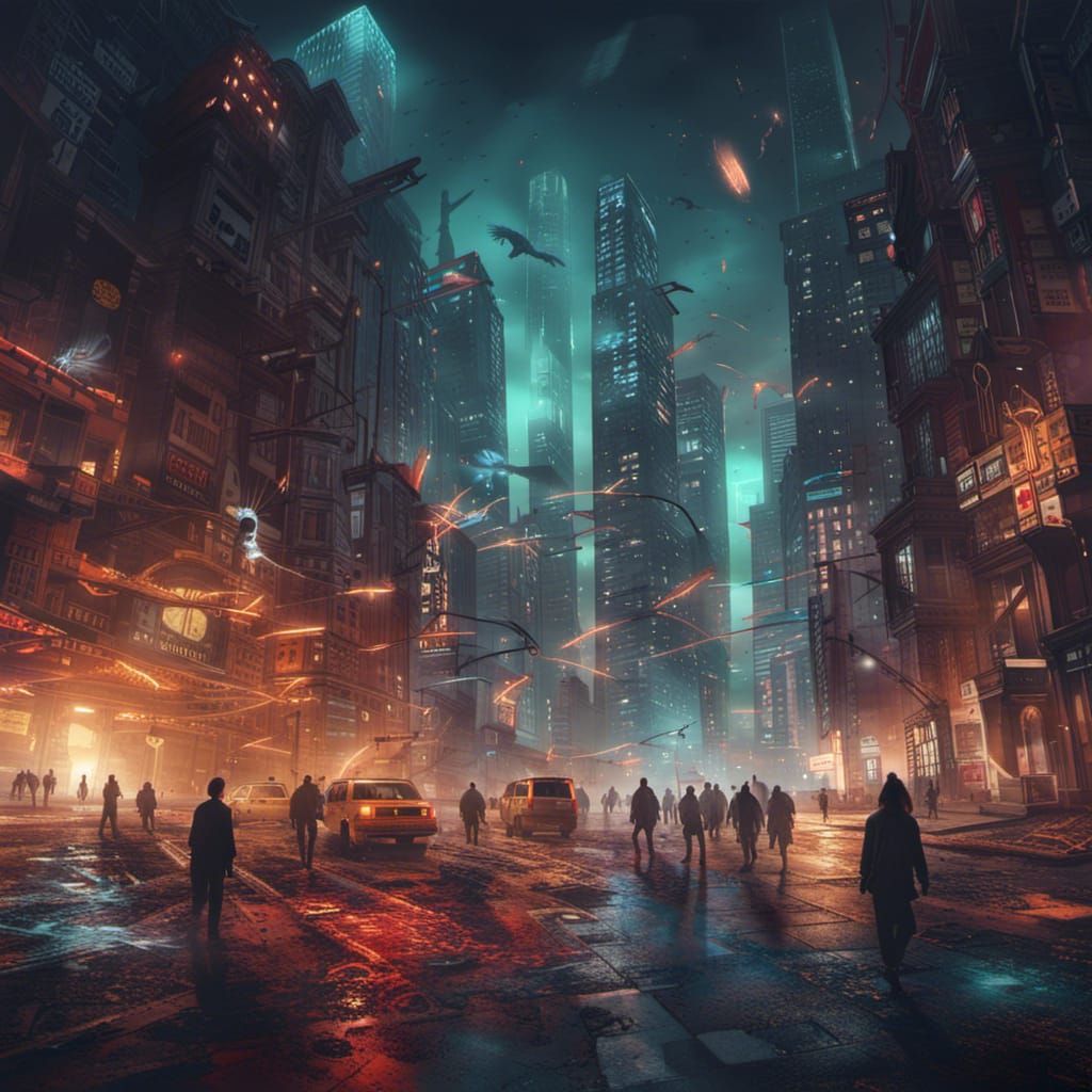 Haunted City at Night: Hyperrealistic Splash Art