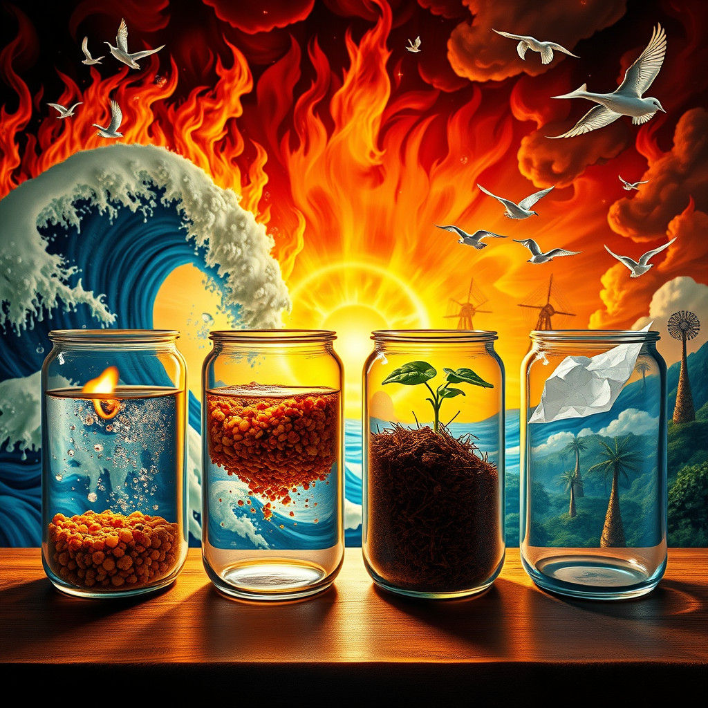 Four Elements in Glass Jars: Fire, Water, Earth, and Air