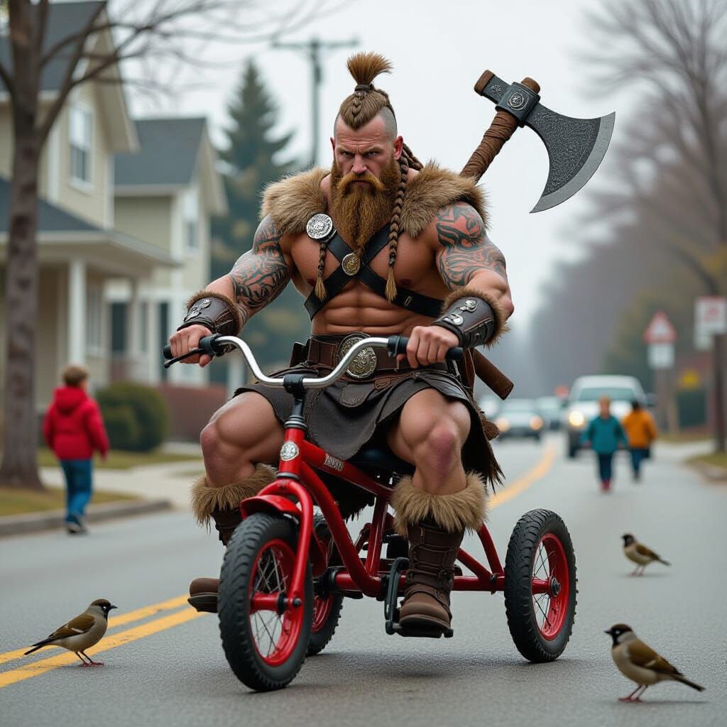 Viking Warrior Rides Tricycle: Digital Art