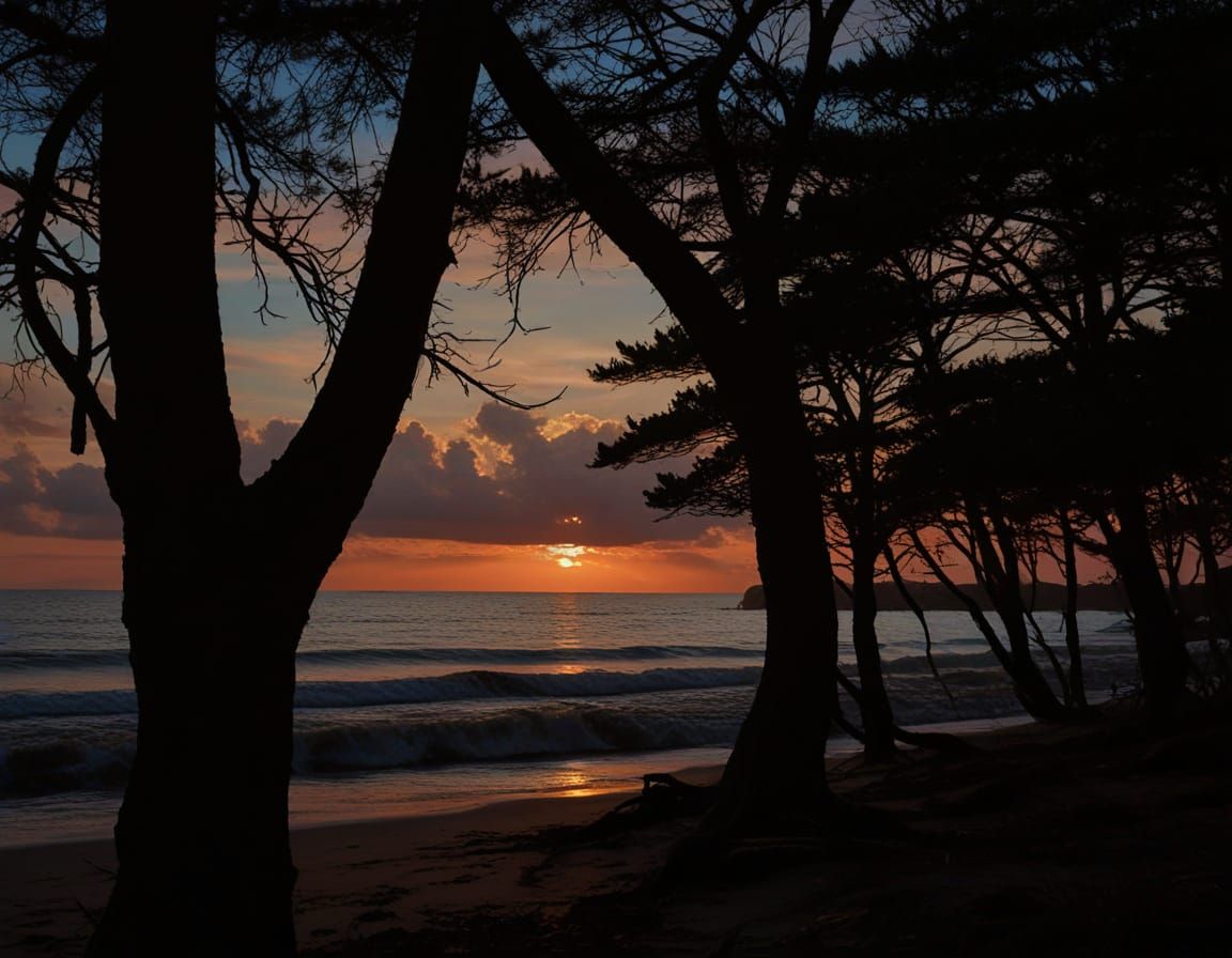 Pine Forest Seascape at Sunset in Soft Impressionist Style