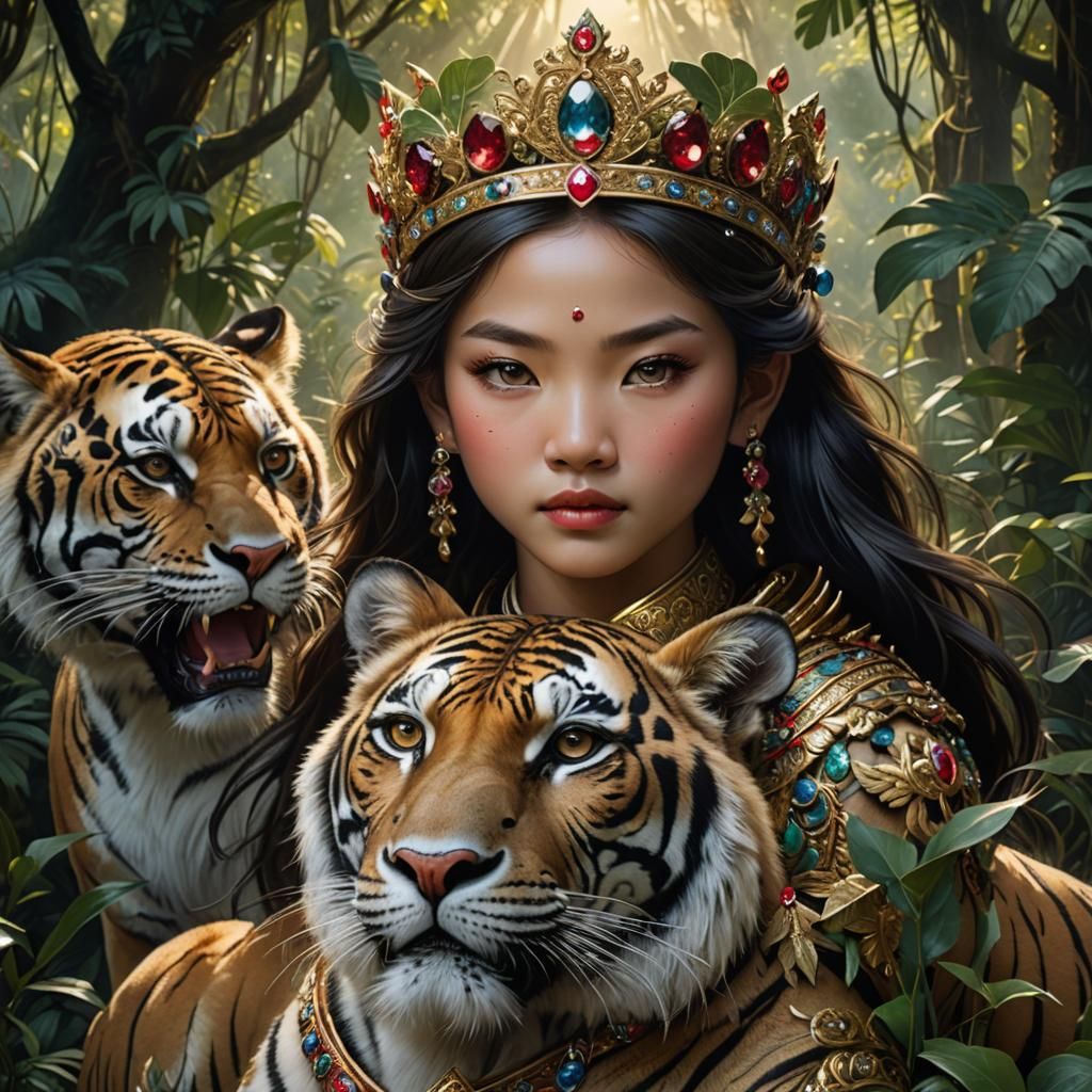 Determined Asian Princess with Tiger Cub in Jungle