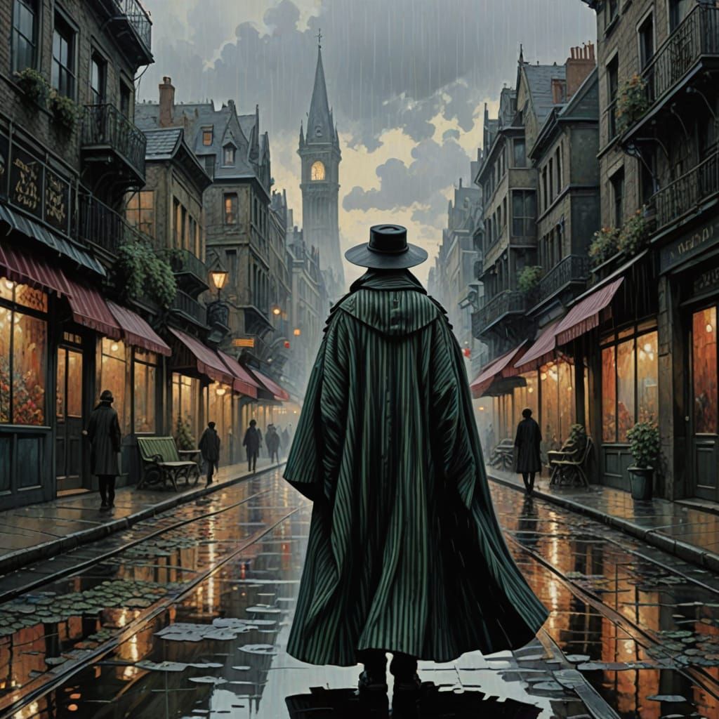 Wanderer in Surreal Dystopian City, Impressionistic Style