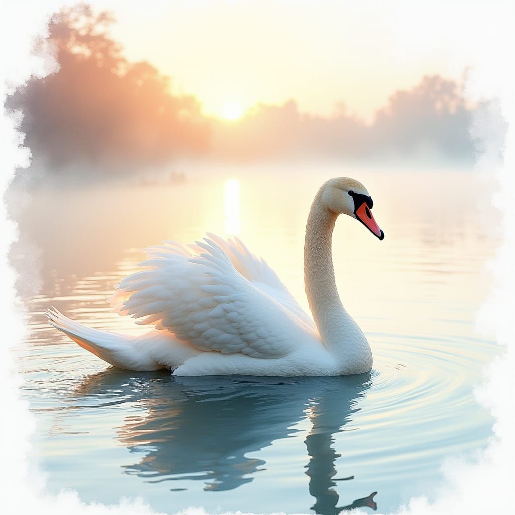 Enchanting Watercolour Swan in Dawn's Soft Light
