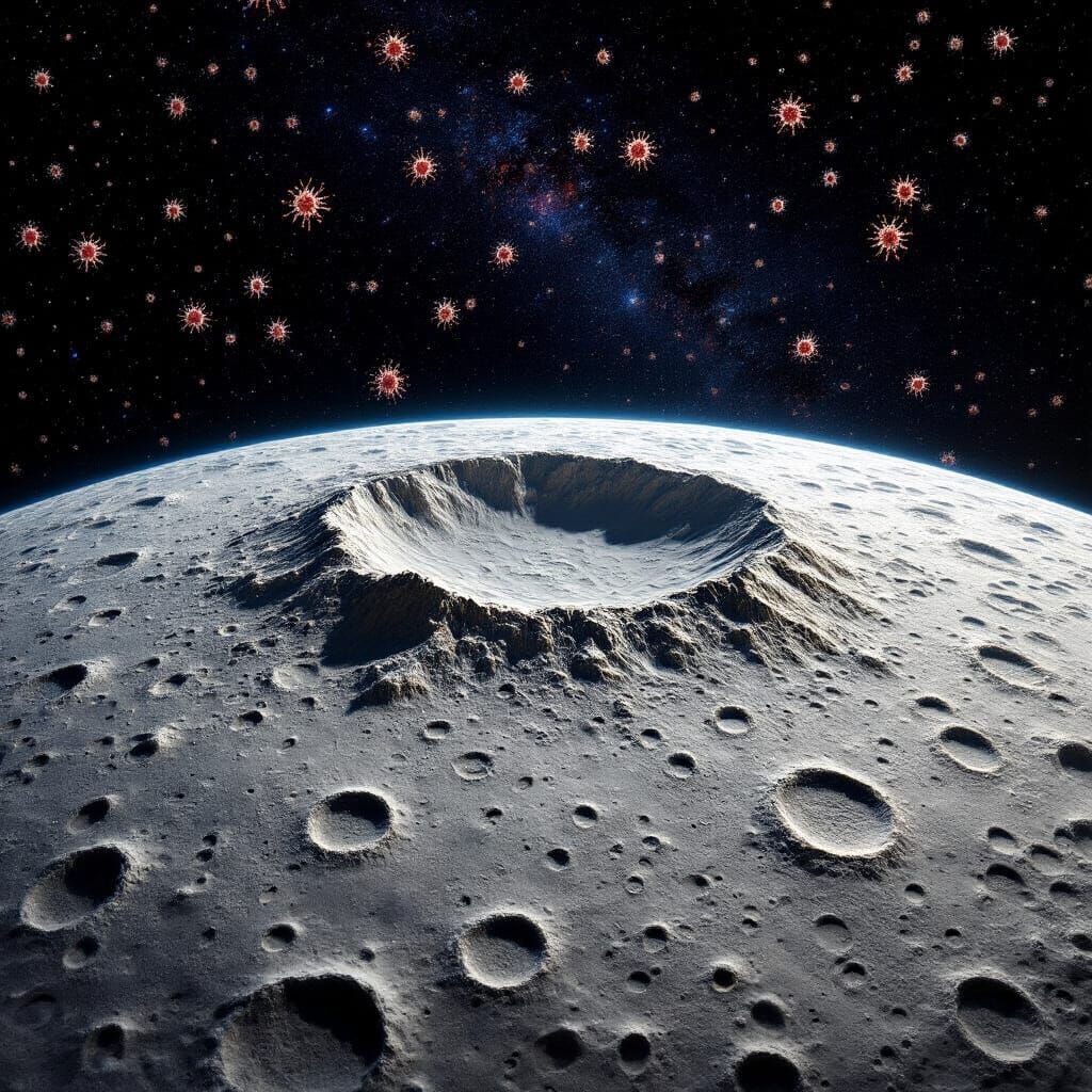 Cratered Moon Planet with Cosmic Sky and Bacterial Stars