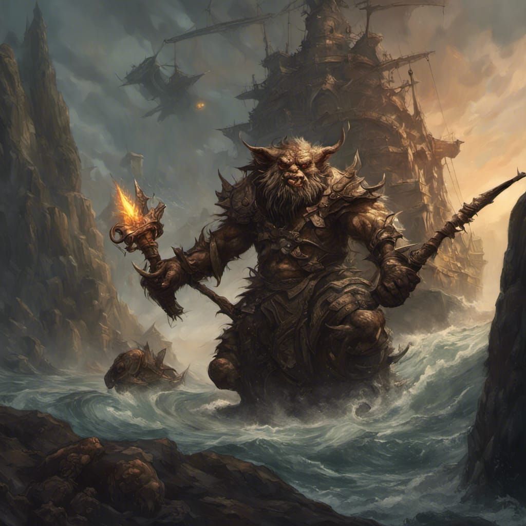 Bugbear on Rock Ship with Beholder in Dark Fantasy