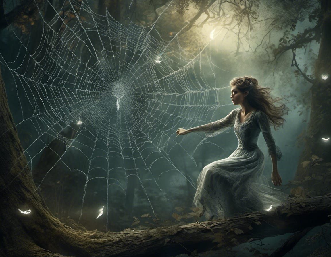 Woman Entangled in Spiderweb in Spooky Enchanted Forest