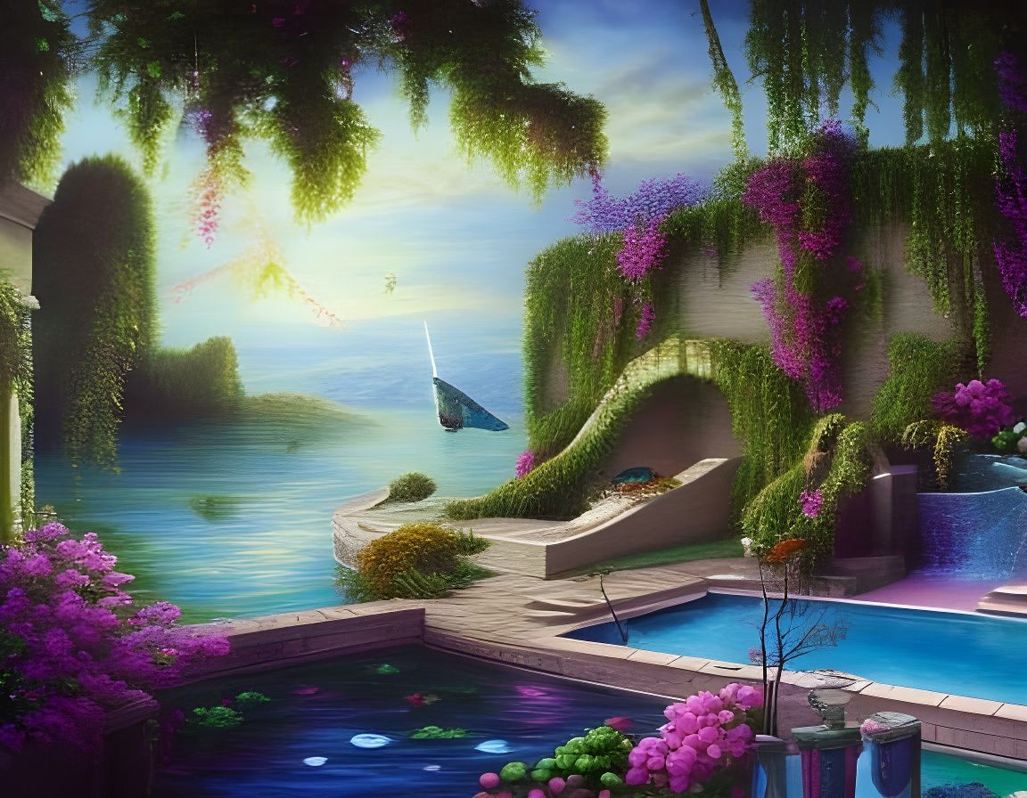 Detailed Pool as Romantic Fantasy Painting