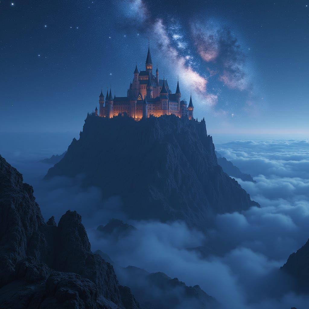 Epic Medieval Castle Under Starry Cosmic Galaxy Night Sky