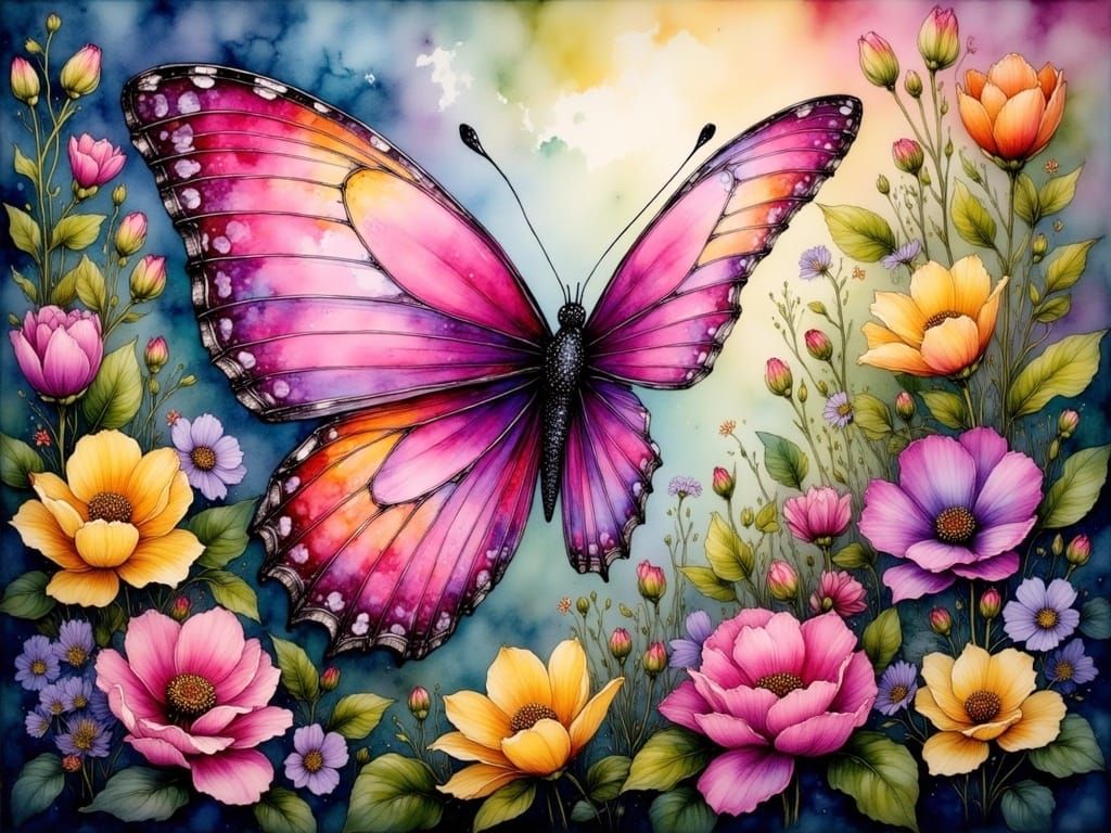 Ethereal Butterfly in Art Nouveau Style with Vibrant Floral ...