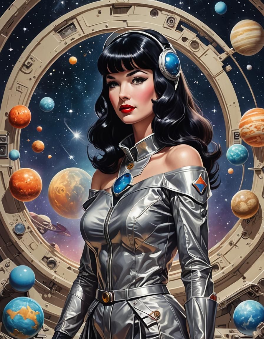 Retro Sci-Fi Pinup Girl in Space, Detailed Portrait