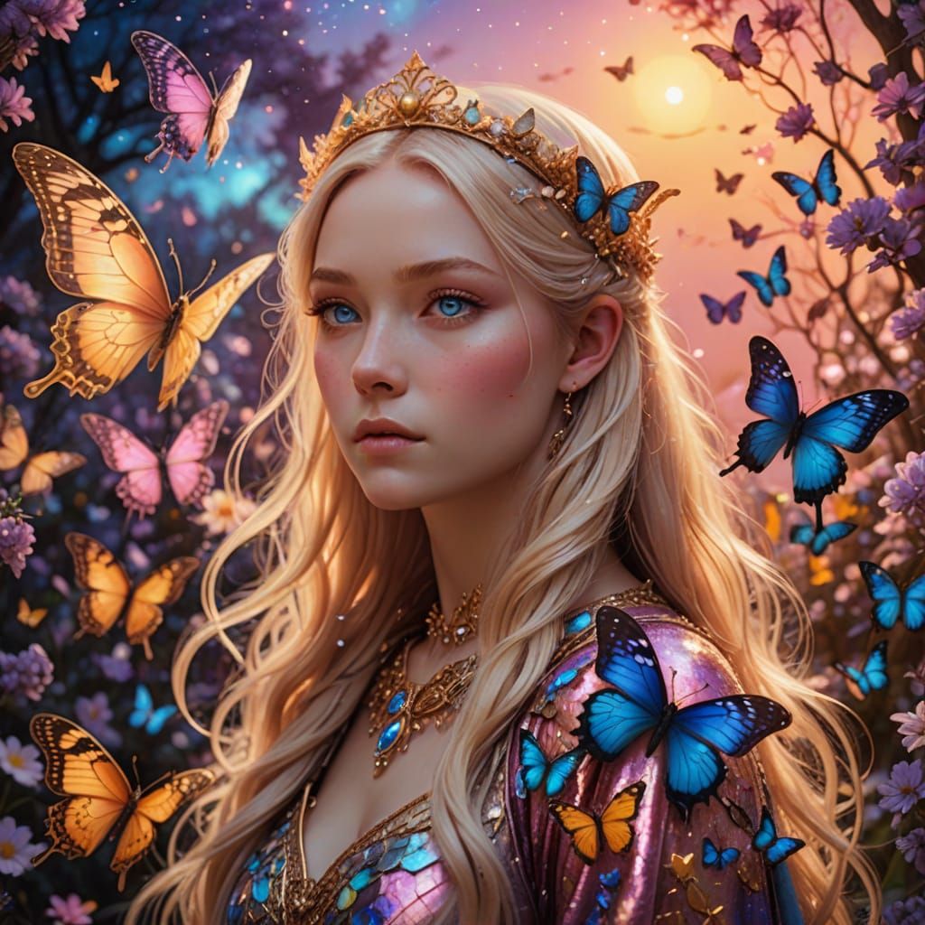 Dreamlike Princess in Galaxy with Iridescent Butterflies