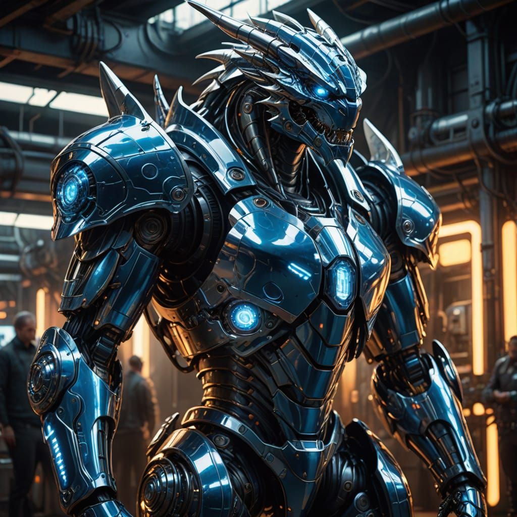 Cybernetic Dragon Knight in Anime-Inspired Sci-Fi Style