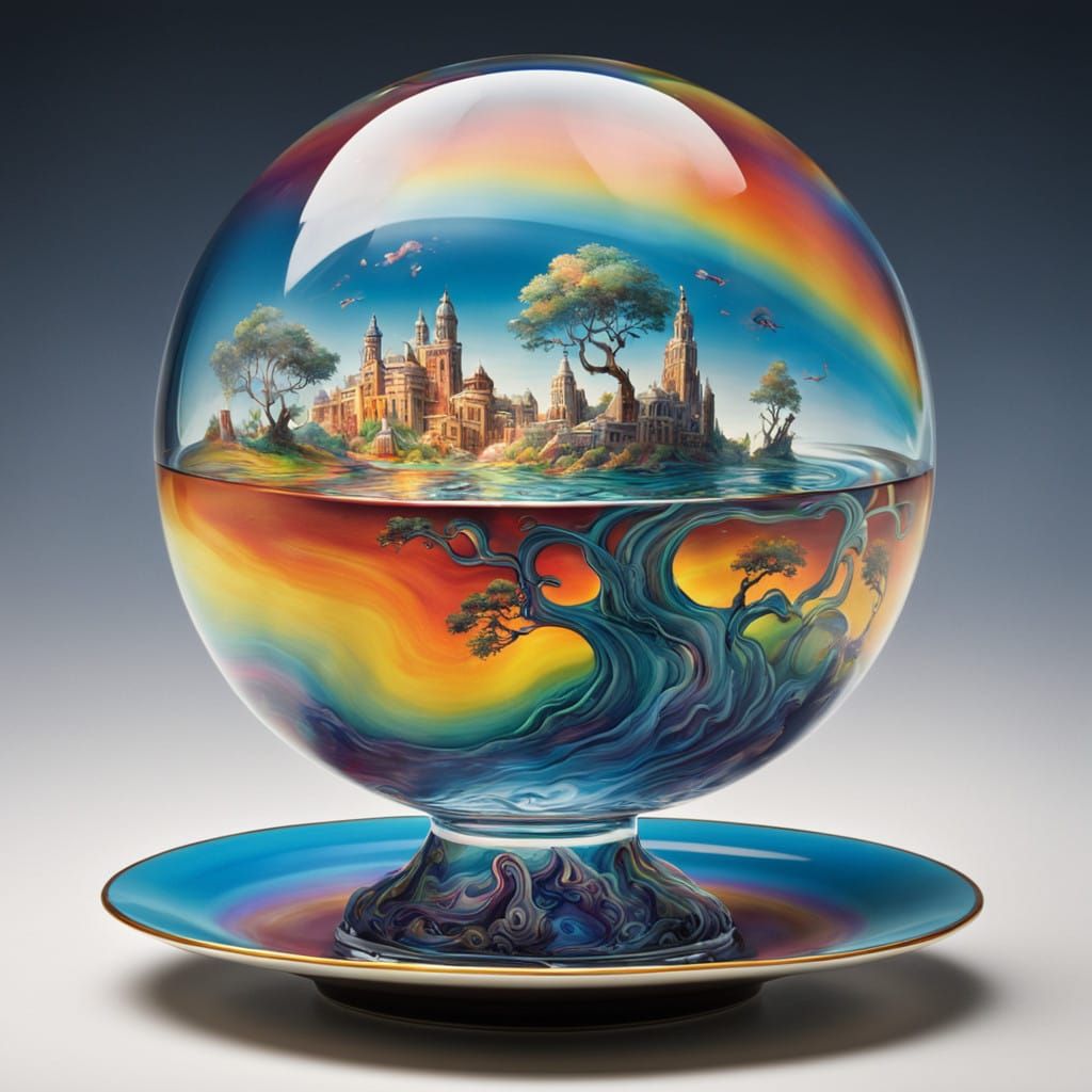 Ethereal Rainbow Fountain in Glass Sphere, Inspired by Flux...