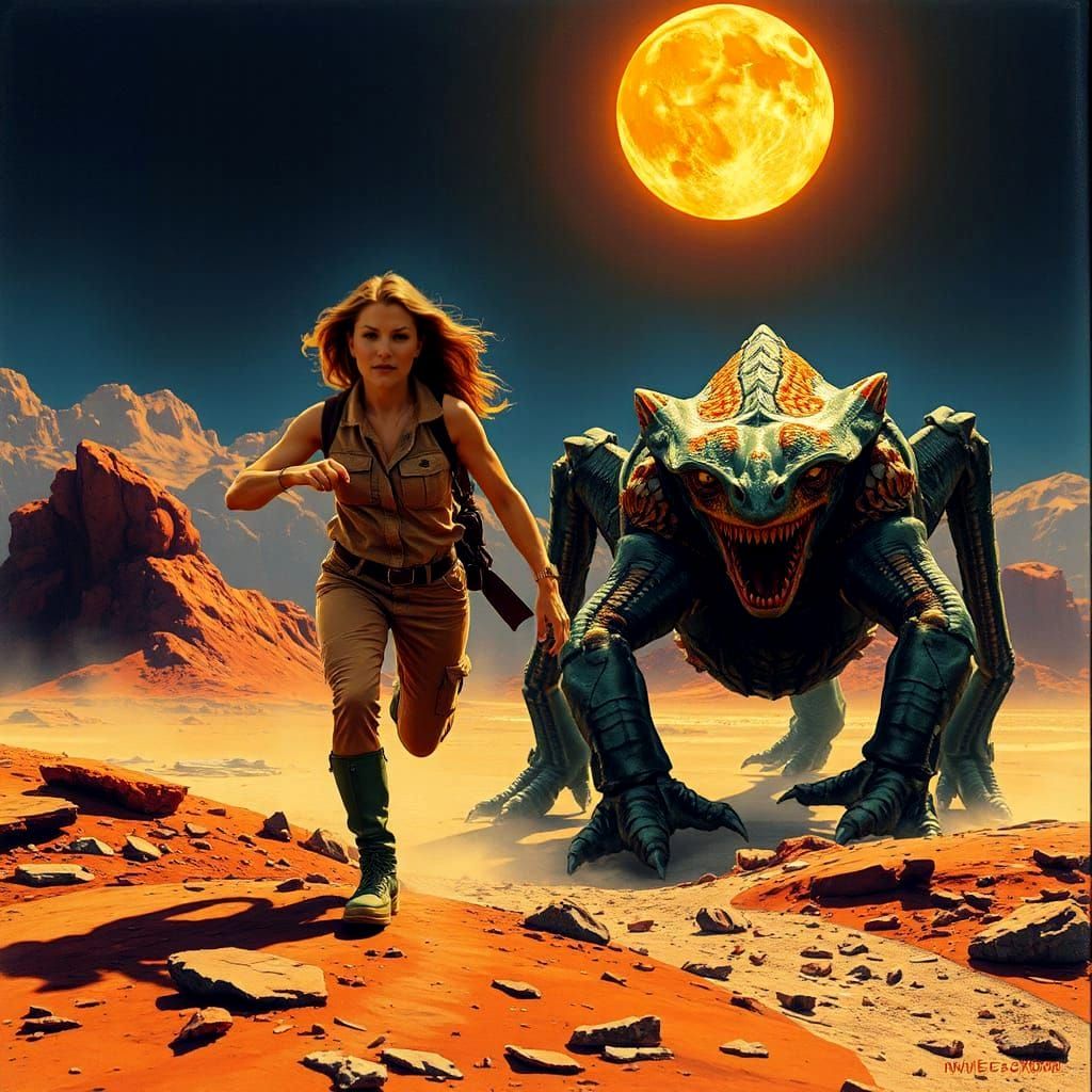 Alien Predator Pursues Woman on Proxima Centauri B in Vintag...