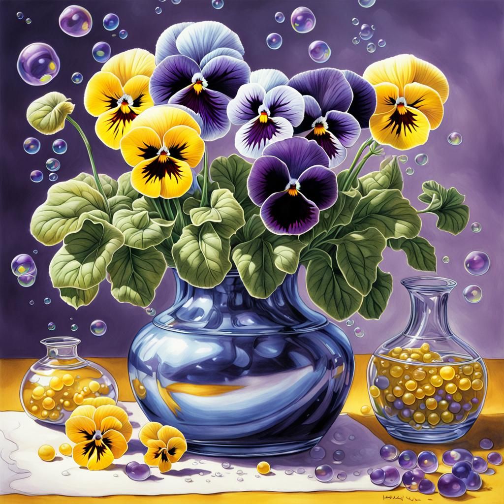 Pansies in Vases with Bubbles: Comic Book Art