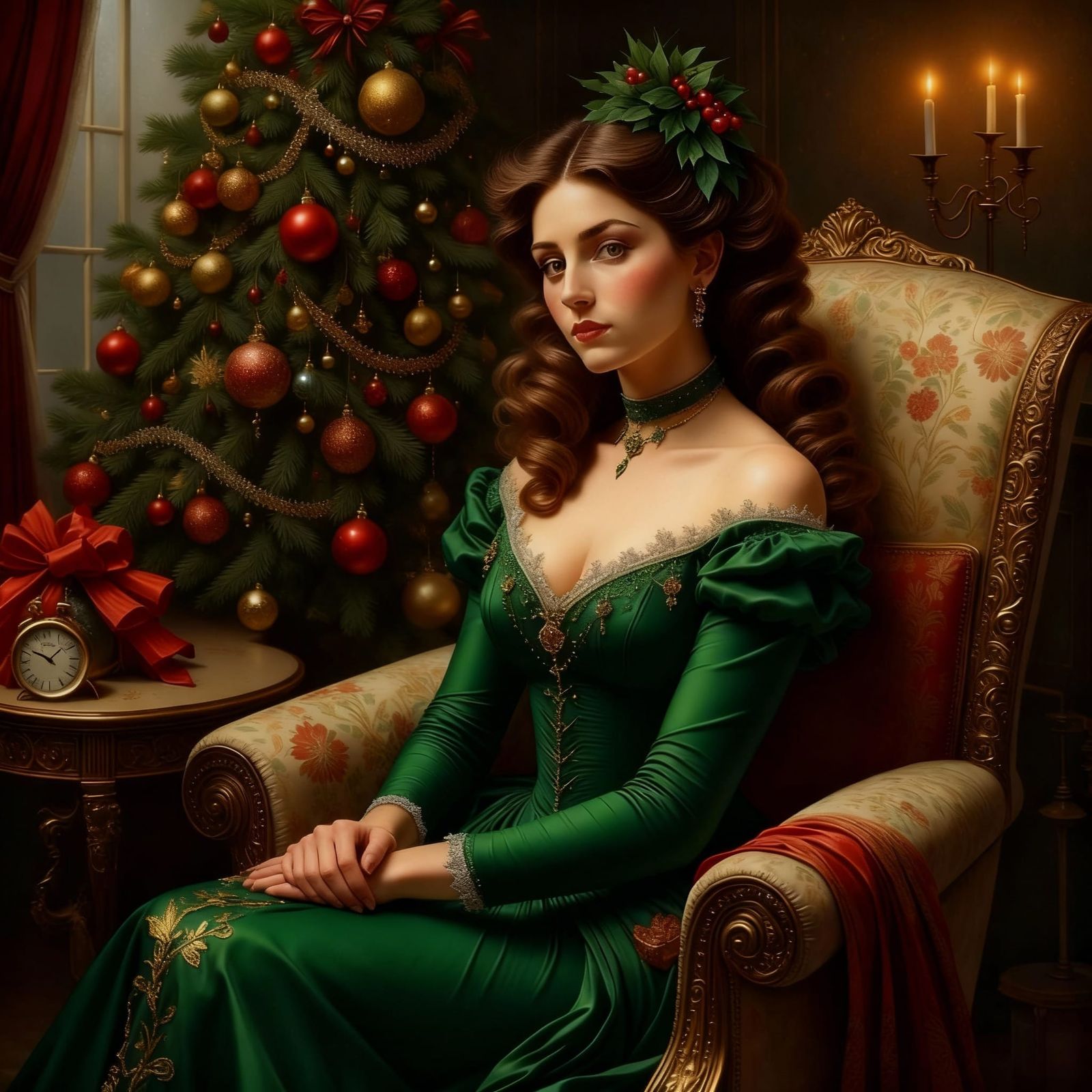 Elegant Lady in Christmas Splendor, Oil Painting