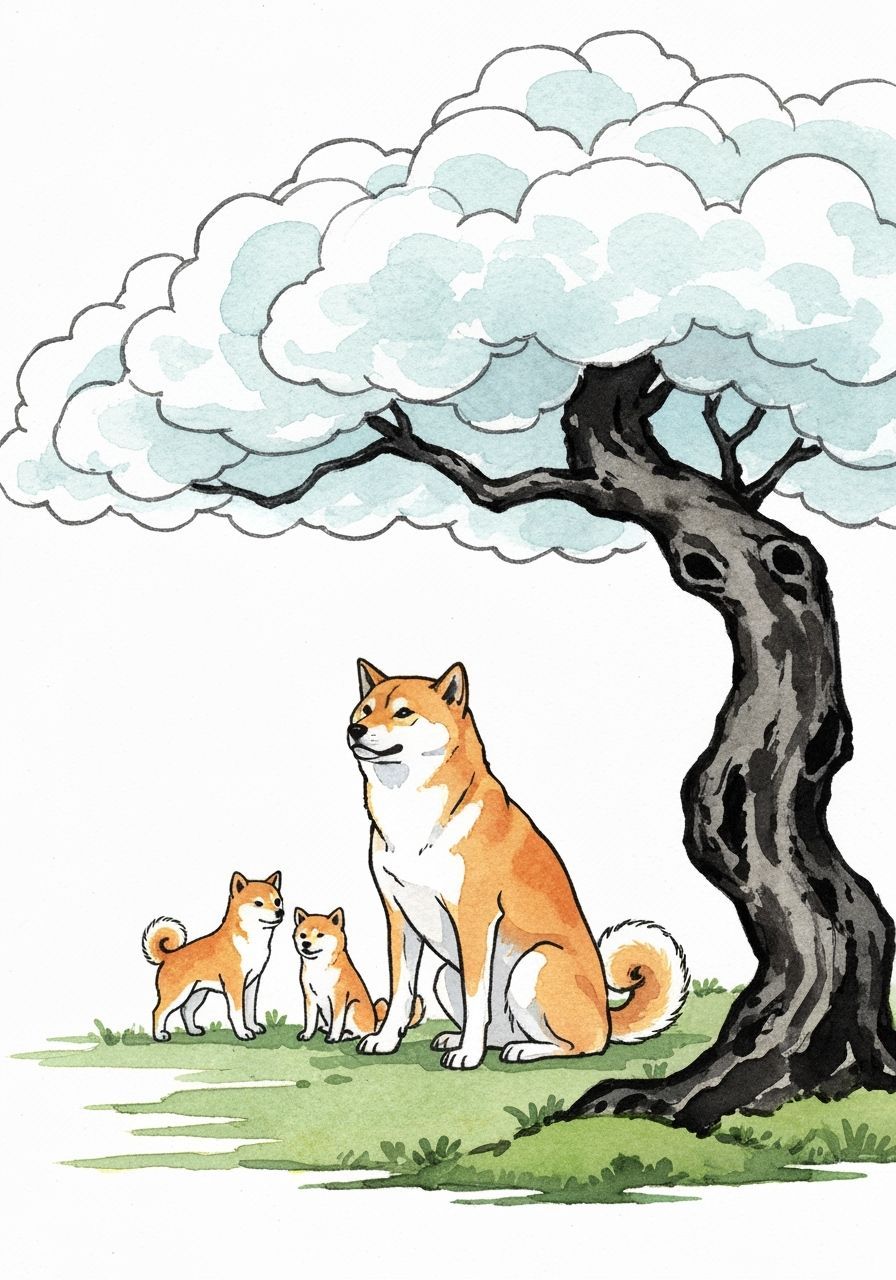 Shiba Inu Family in Japanese Garden Ink Wash Painting