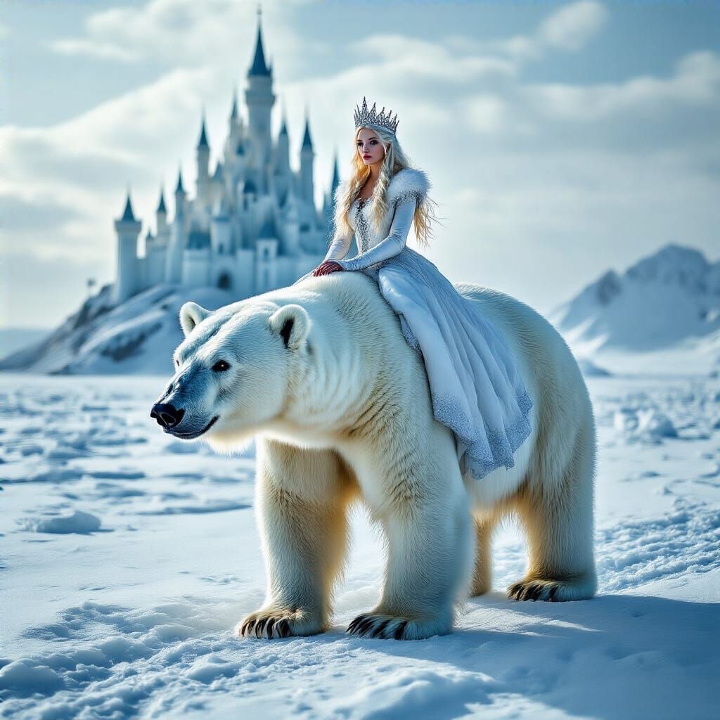 Snow Queen on Polar Bear in Frozen Wasteland Portrait