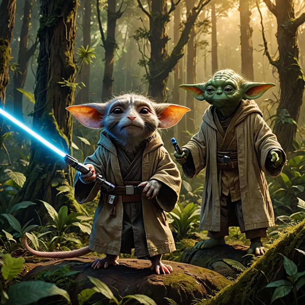 Rat Goblin Jedi with Yoda in Sci-Fi Forest