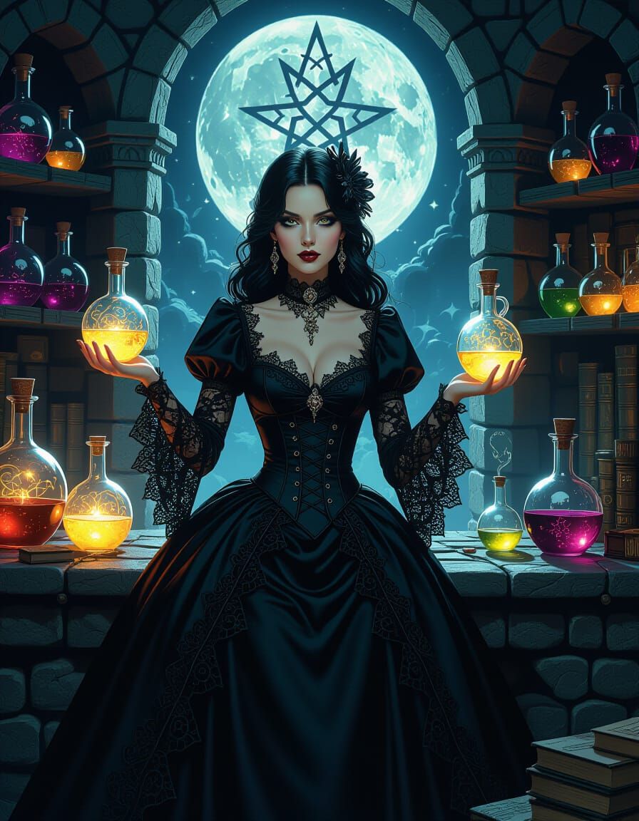 Gothic Alchemist in Moonlit Lab