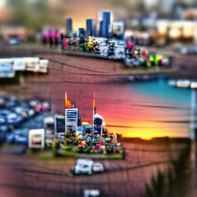 Colorful Tilt-Shift Sunset Over City Skyline