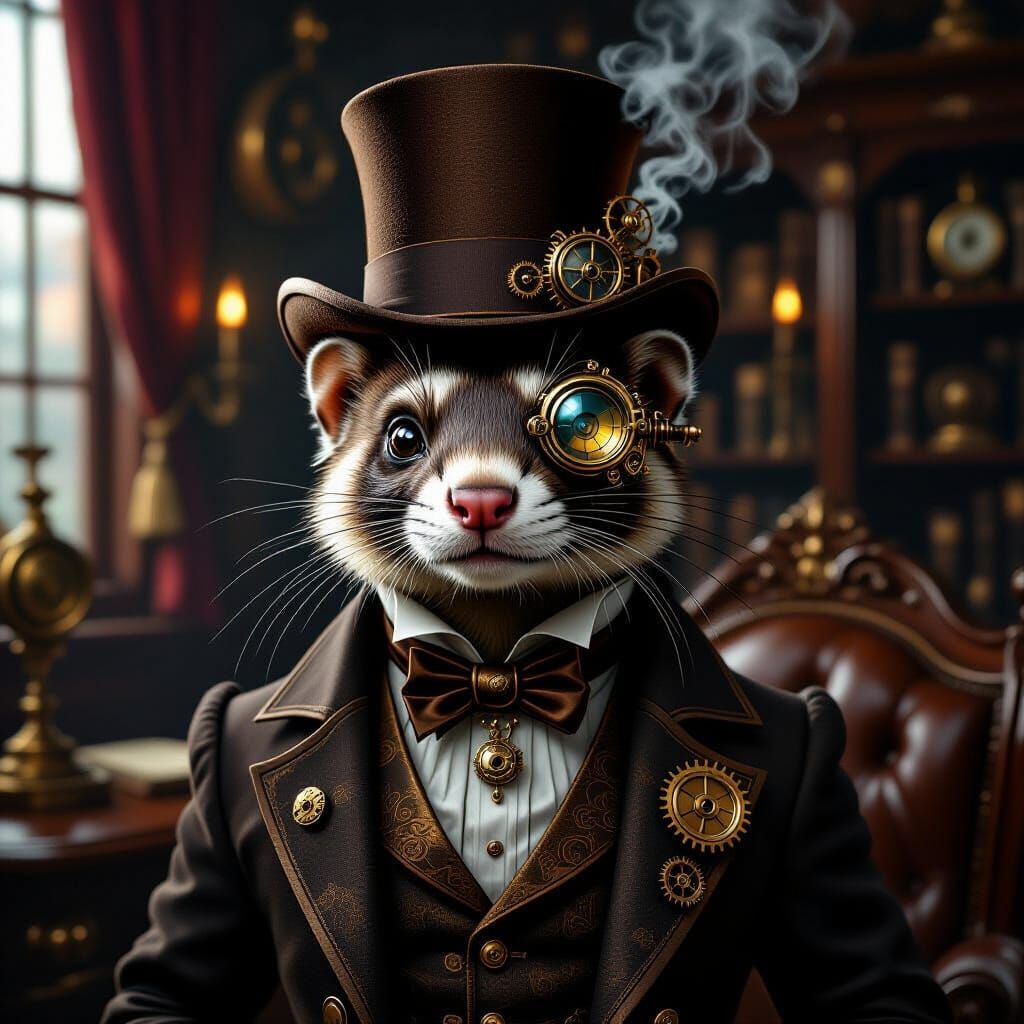 Steampunk Ferret in Top Hat and Monocle