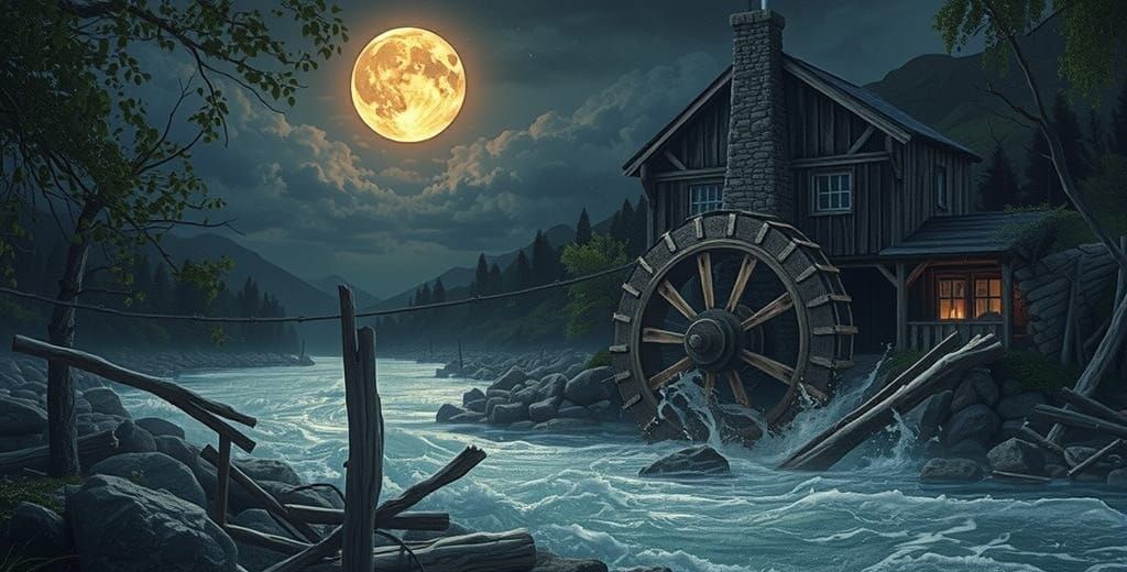 Stormy Watermill at Night in Hyperrealism