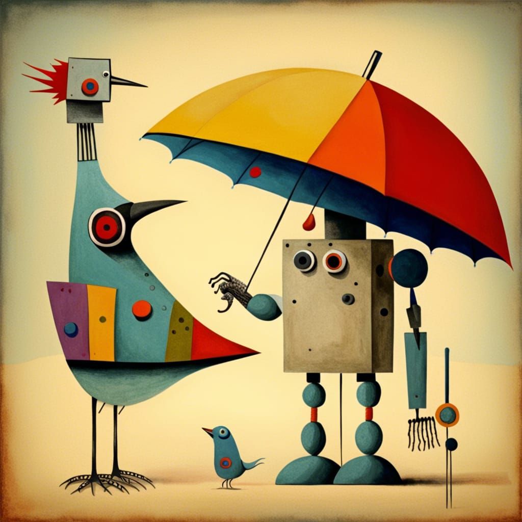 Robot with Godzilla Head Holding Bird, Kandinsky Style