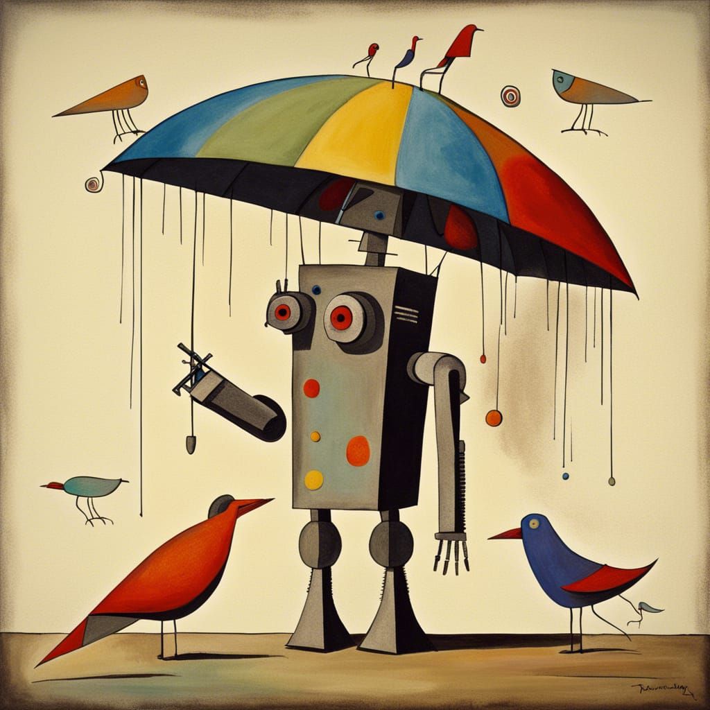 Robot with Godzilla Head, Bird and Umbrella