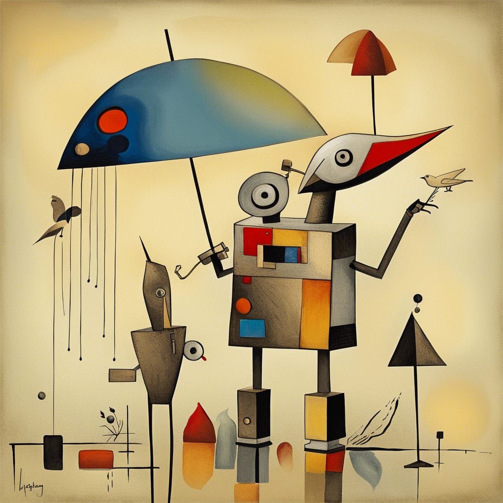 Robot with Godzilla Head Holding Bird, Abstract Art