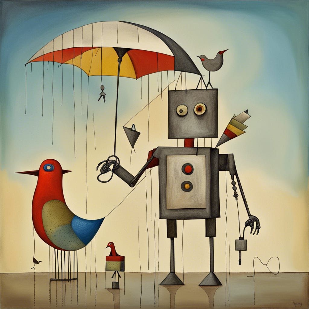 Robot Godzilla Head Holds Bird in Abstract Art Style