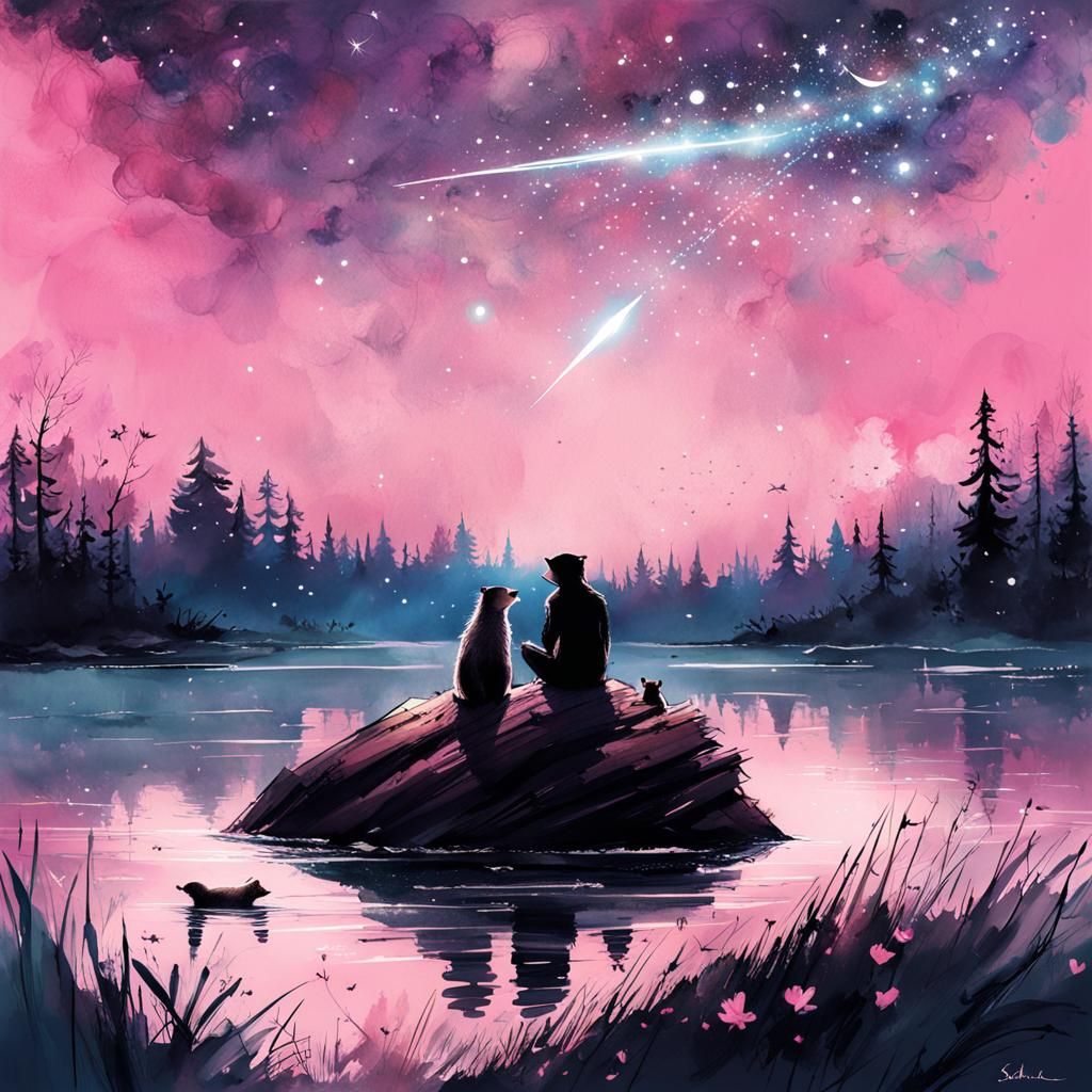 Otters Play in Starry Sky: Watercolor Splash Art