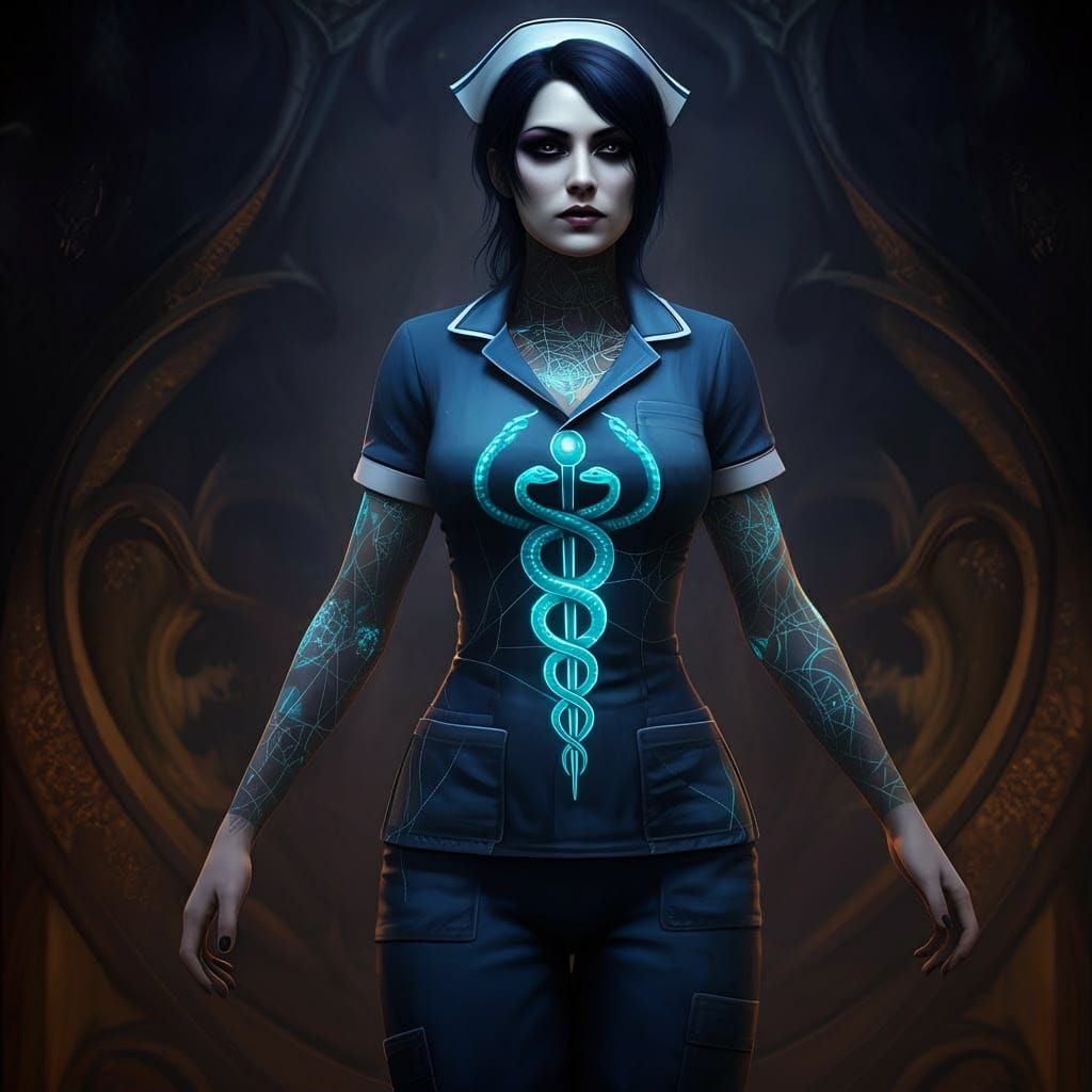 Goth Nurse in Azure Spider Web Scrubs with Bioluminescent Ca...
