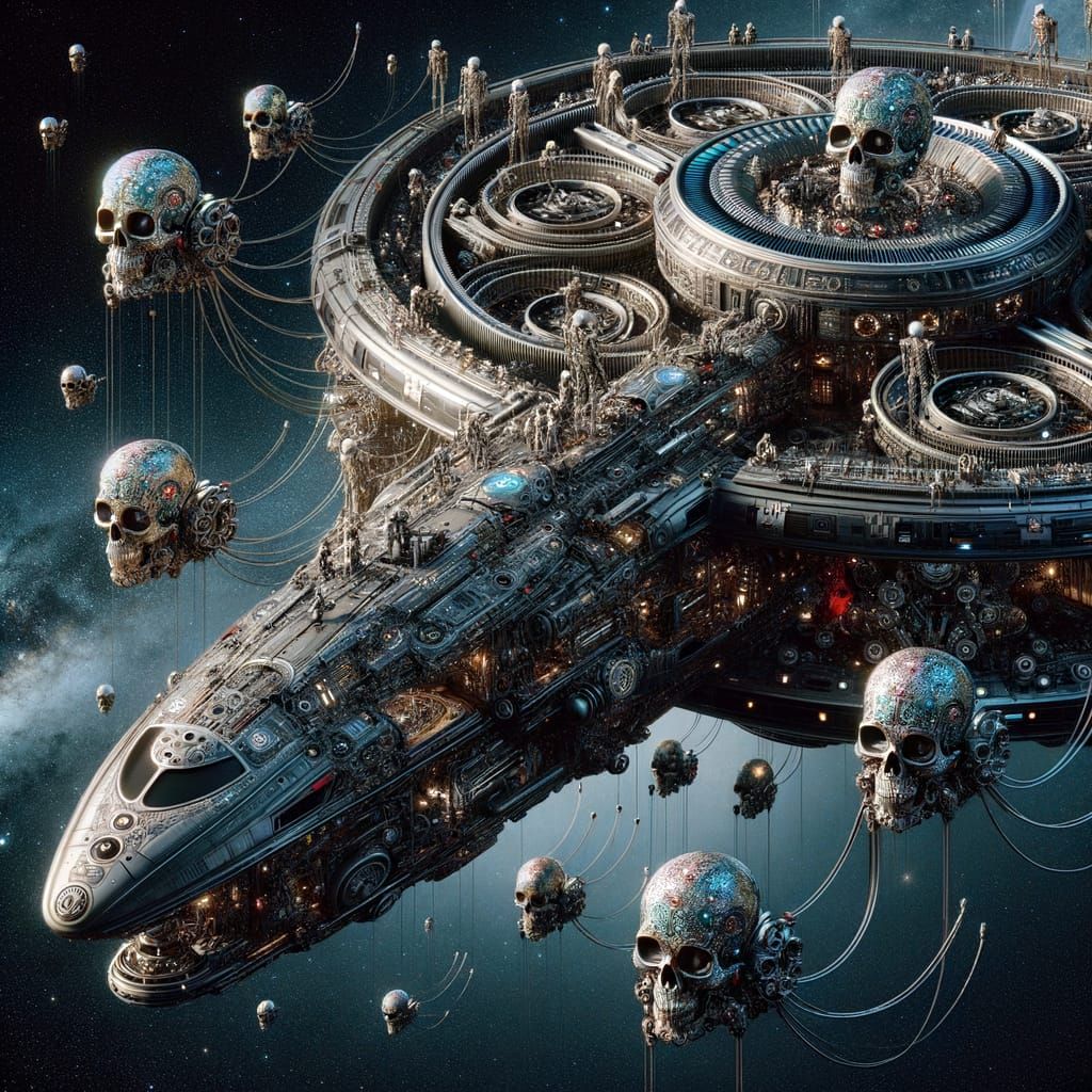 Mechanical Skulls Repair Futuristic Spaceship in Outer Space
