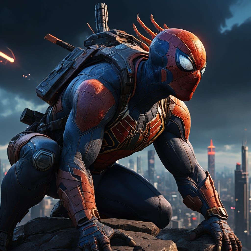 Spiderman Hybrid Creature Amidst Futuristic Metropolis