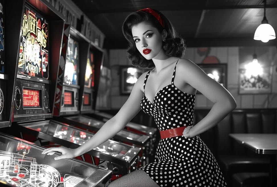 1960s Pinup Girl Plays Pinball in Retro US Bar