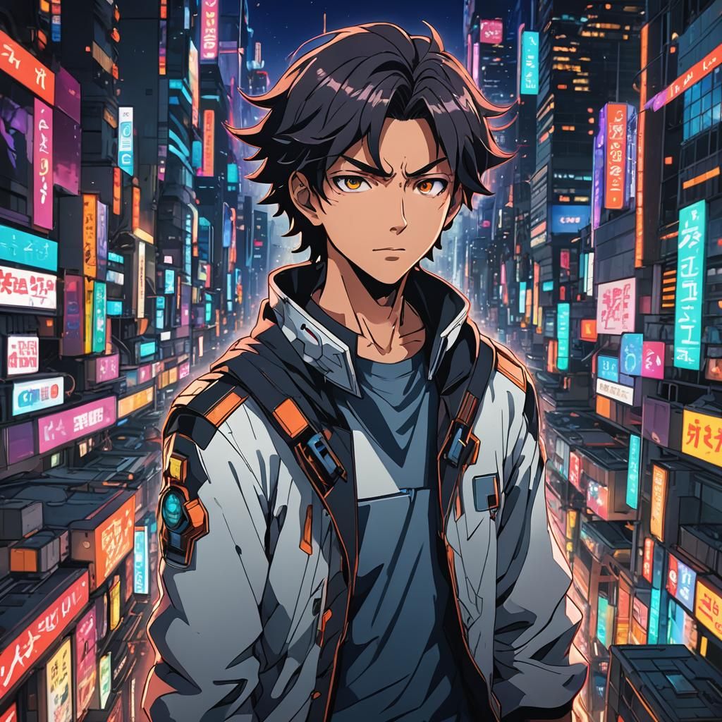 Anime Boy in Futuristic Cityscape, Cel-Shaded Manga Style